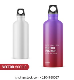 White matte metal water bottle with black bung. 500 ml. Photo-realistic packaging mockup template with sample design. Front view. Vector 3d illustration.