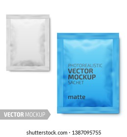 White Matte Paper Sachet. Photo-realistic Packaging Mockup Template With Sample Design. Vector 3d Illustration.