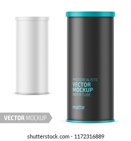 White Matte Paper Tube With Plastic Lid For Snacks, Chips. Photo-realistic Packaging Mockup Template With Sample Design. Vector 3d Illustration.