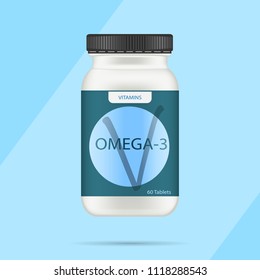 White matte plastic bottle with black lid for vitamins, tablets, pills. Realistic packaging mockup template with sample design. Medical container. Front view. Vector illustration.