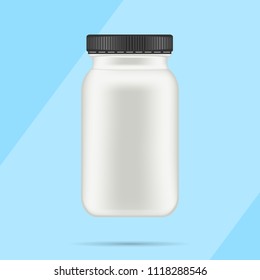 White matte plastic bottle with black lid for vitamins, tablets, pills. Realistic packaging mockup template with sample design. Medical container. Front view. Vector illustration.