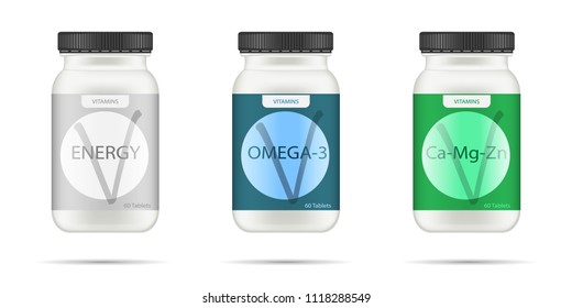 White matte plastic bottle with black lid for vitamins, tablets, pills. Realistic packaging mockup template with sample design. Medical container. Front view. Vector illustration.