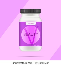 White matte plastic bottle with black lid for vitamins, tablets, pills. Realistic packaging mockup template with sample design. Medical container. Front view. Vector illustration.