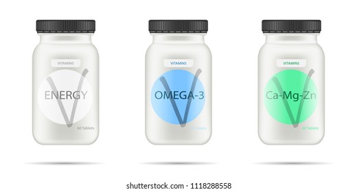 White matte plastic bottle with black lid for vitamins, tablets, pills. Realistic packaging mockup template with sample design. Medical container. Front view. Vector illustration.