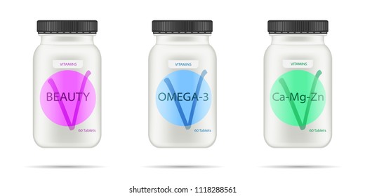 White matte plastic bottle with black lid for vitamins, tablets, pills. Realistic packaging mockup template with sample design. Medical container. Front view. Vector illustration.