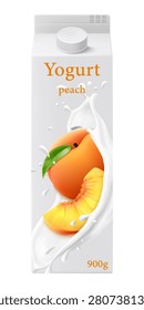 White matte plastic bottle for peach yogurt, cream or milkshake. 3d realistic packaging mockup template. yogurt cream with fresh peach isolated on white background, Vector illustration