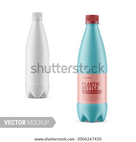 White matte plastic bottle with screw cap. Photorealistic packaging mockup template with sample design. Contains an accurate mesh to wrap your artwork with the correct envelope distortion.