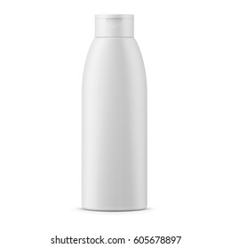 White matte plastic bottle for shampoo, shower gel, lotion, body milk, bath foam. Realistic packaging mockup template. Front view. Vector illustration.