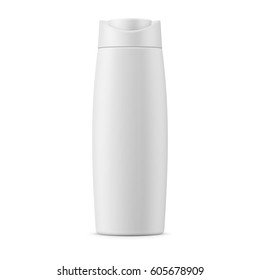 White Matte Plastic Bottle For Shampoo, Shower Gel, Lotion, Body Milk, Bath Foam. Realistic Packaging Mockup Template. Front View. Vector Illustration.