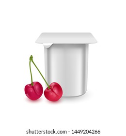 The White matte plastic pot for yogurt, cream, dessert or jam. Photorealistic packaging mockup template. yogurt cream with fresh Cherries isolated on white background, Vector EPS 10