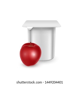 The White matte plastic pot for yogurt, cream, dessert or jam. Photorealistic packaging mockup template. yogurt cream with fresh Pears isolated on white background. Vector EPS 10