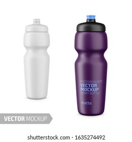 White matte plastic sport water bottle. Photo-realistic packaging mockup template with sample design. Vector 3d illustration.