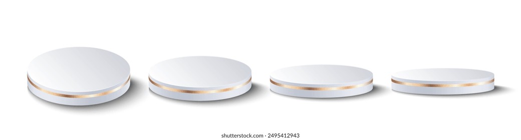 White matte round podium, winner platform or product display from different angles. White round stage, exhibition stand isolated on transparent background, 3d vector. 3D Illustration