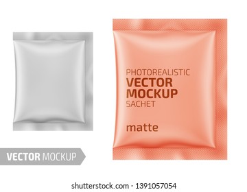 White matte sachet. Photo-realistic packaging mockup template with sample design. Vector 3d illustration.