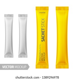 White matte sachet stick. Photo-realistic packaging mockup template with sample design. Vector 3d illustration.