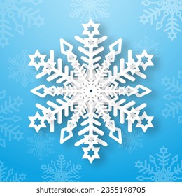 Un copo de nieve blanco mate sobre un fondo azul. El copo de nieve de papel con 3d efecto decoración navideña. Tarjeta de Año Nuevo. Ilustración vectorial.