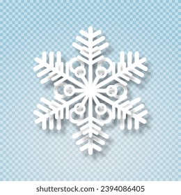 Un copo de nieve blanco mate sobre un fondo transparente. El copo de nieve de papel con 3d efecto decoración navideña. Tarjeta de Año Nuevo. Ilustración vectorial.
