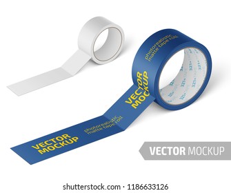 White matte tape roll. Photo-realistic packaging mockup template with sample design. Vector 3d illustration.