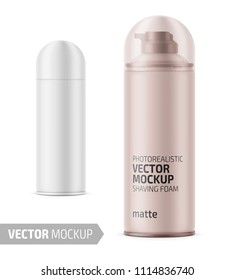 White matte tin can for shaving foam or gel with transparent cap. 400 ml. Realistic packaging mockup template with sample design. Vector illustration.