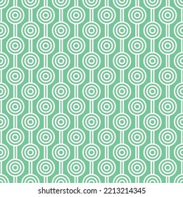 White maze circle pattern on green background. Colorful seamless interlocking circle pattern on green backdrop.