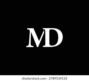 White MD lettering on a dark background