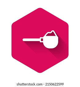 White Measuring cup with flour icon isolated with long shadow background. Baking Ingredients. Healthy organic food. Dough cooking. Pink hexagon button. Vector