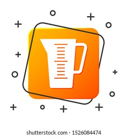 White Measuring cup to measure dry and liquid food icon isolated on white background. Plastic graduated beaker with handle. Orange square button. Vector Illustration