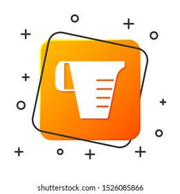 White Measuring cup to measure dry and liquid food icon isolated on white background. Plastic graduated beaker with handle. Orange square button. Vector Illustration