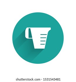 White Measuring cup to measure dry and liquid food icon isolated with long shadow. Plastic graduated beaker with handle. Green circle button. Vector Illustration