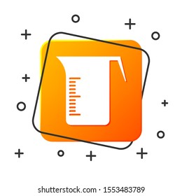 White Measuring cup to measure dry and liquid food icon isolated on white background. Plastic graduated beaker with handle. Orange square button. Vector Illustration