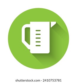 White Measuring cup to measure dry and liquid food icon isolated with long shadow. Plastic graduated beaker with handle. Green circle button. Vector