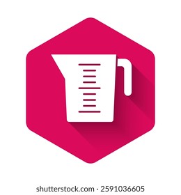 White Measuring cup to measure dry and liquid food icon isolated with long shadow. Plastic graduated beaker with handle. Pink hexagon button. Vector