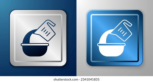 White Measuring cup pouring liquid into bowl icon isolated on blue and grey background. Plastic graduated beaker with handle. Silver and blue square button. Vector