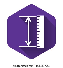 White The measuring height and length icon isolated with long shadow. Ruler, straightedge, scale symbol. Geometrical instruments. Purple hexagon button. Vector Illustration