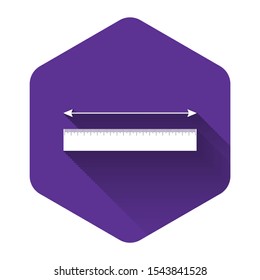 White The measuring height and length icon isolated with long shadow. Ruler, straightedge, scale symbol. Purple hexagon button. Vector Illustration