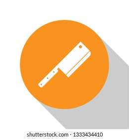 White Meat chopper icon isolated on white background. Kitchen knife for meat. Butcher knife. Orange circle button. Flat design. Vector Illustration