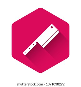 White Meat chopper icon isolated with long shadow. Kitchen knife for meat. Butcher knife. Pink hexagon button. Vector Illustration