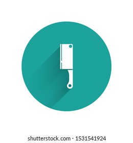 White Meat chopper icon isolated with long shadow. Kitchen knife for meat. Butcher knife. Green circle button. Vector Illustration