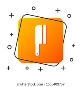 White Meat chopper icon isolated on white background. Kitchen knife for meat. Butcher knife. Orange square button. Vector Illustration