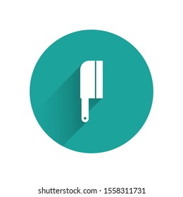 White Meat chopper icon isolated with long shadow. Kitchen knife for meat. Butcher knife. Green circle button. Vector Illustration