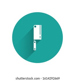 White Meat chopper icon isolated with long shadow. Kitchen knife for meat. Butcher knife. Green circle button. Vector Illustration