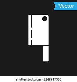 White Meat chopper icon isolated on black background. Kitchen knife for meat. Butcher knife. Happy Halloween party.  Vector