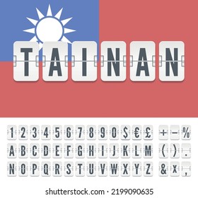 White mechanical airport flip scoreboard font with flight info of arrival destination in Taiwan Tainan with Country flag. Vector illustration