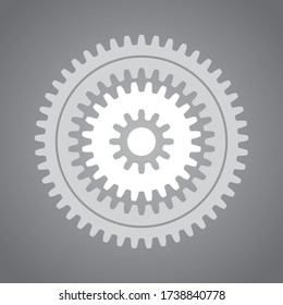 White mechanical gear & cogwheel set, small and large, arranged on a gradient gray background. Vector illustration.