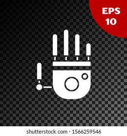 White Mechanical robot hand icon isolated on transparent dark background. Robotic arm symbol. Technological concept.  Vector Illustration