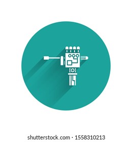 White Mechanical robot hand and screwdriver tool icon isolated with long shadow. Robotic arm symbol. Technological concept. Green circle button. Vector Illustration