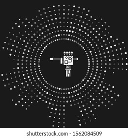 White Mechanical robot hand and screwdriver tool icon isolated on grey background. Robotic arm symbol. Technological concept. Abstract circle random dots. Vector Illustration