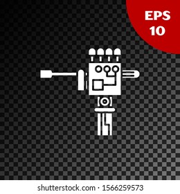 White Mechanical robot hand and screwdriver tool icon isolated on transparent dark background. Robotic arm symbol. Technological concept.  Vector Illustration