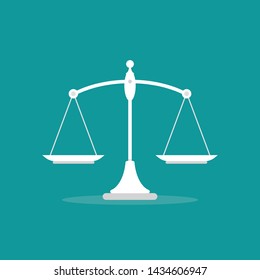 White mechanical scales balance icon isolated on blue.  Justice, law scale. Vector illustration. 