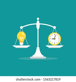 White mechanical scales with clock and light bulb in pans.  Idea value, solution and expenses balance. Justice, law scale. Vector illustration on blue background. 